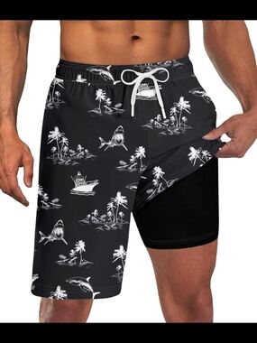 Men's Island Print Swim Trunks w/ Compression Liner